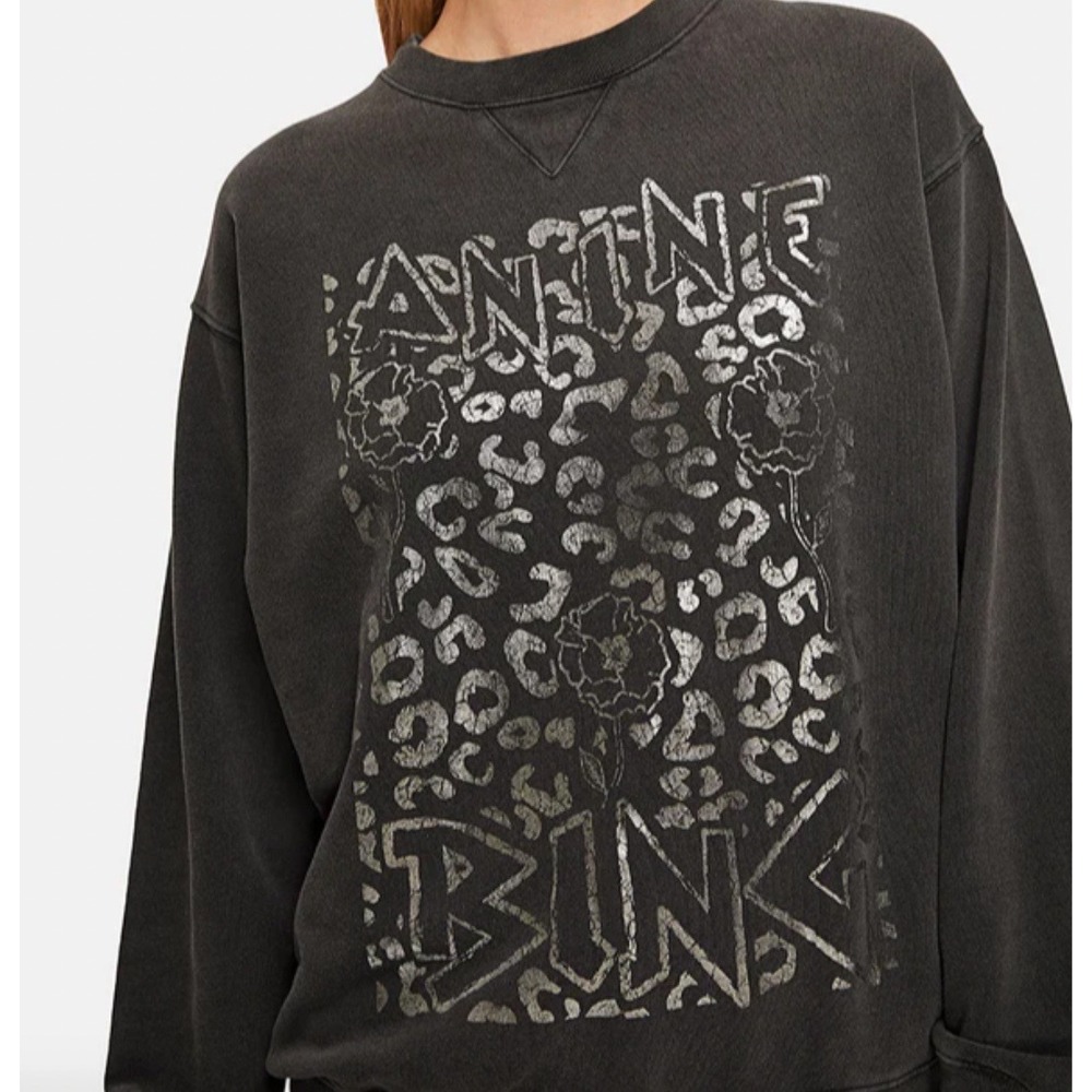 Anine Bing Ramona Sweatshirt Leopard Washed Black Graphic Pullover XS